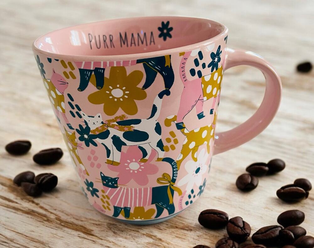 NEW Purr Mama Blue & Pink Cat Cats Yellow Flowers 16 oz Coffee Tea Kitten Mug